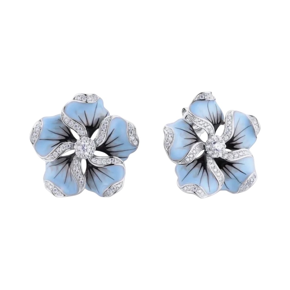Gorgeous Silver Blue Flower Stud Earrings